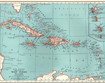 1939 Antique CARIBBEAN Map West Indies Islands Beach House Ocean Decor Gallery Wall Art Gift For 1939 Antique CARIBBEAN Map West Indies Islands Beach House Ocean Decor Gallery Wall Art Gift For