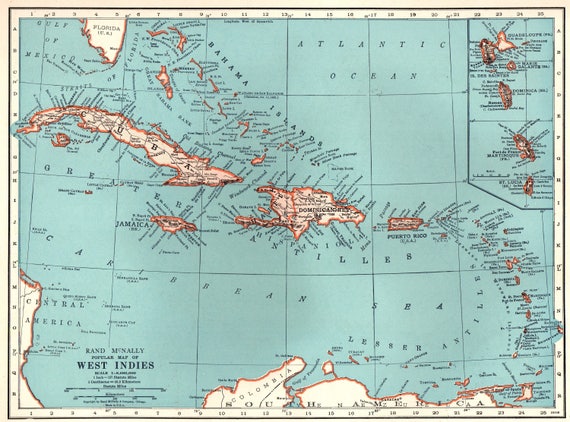 1939 Antique CARIBBEAN Map West Indies Islands Beach House 1939 Antique CARIBBEAN Map West Indies Islands Beach House