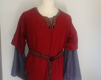 L Lord's Tunic in Red Linen with Black, Red, & Gold Celtic Trim