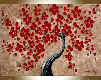 SALE Original Modern Red Blossom Tree Modern Acrylic Impasto Textured Red Flowers Painting size 36 x24..