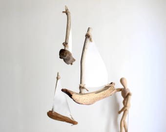 Driftwood Sailboat Mobile -- Wooden Ships -- Rustic Nautical Nursery Decor -- For Patio / Balcony / Interior Design -- Ready to Ship