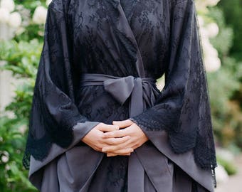 Long "Fountainbleu" lace robe Black Lingerie kimono in faux silk crepe Oriental Burlesque Boudoir French Art deco luxury robe Femme fatale
