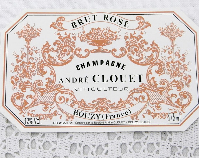 Vintage Unused Pink Champagne Bottle Paper Label Andre Couet Bouzy, French Decor Item, Rosé Wine from France ,Wedding