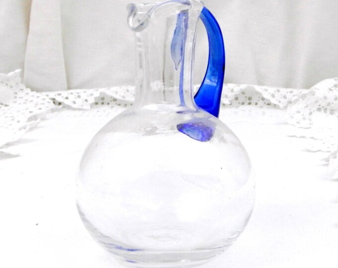 Small Vintage Blown Glass Handmade Vase / Jug with Blue Handle, Glass Oil Bottle, French Vintage Table Decor, Retro Home Interior Small Vintage Blown Glass Handmade Vase / Jug with Blue Handle, Glass Oil Bottle, French Vintage Table Decor, Retro Home Interior