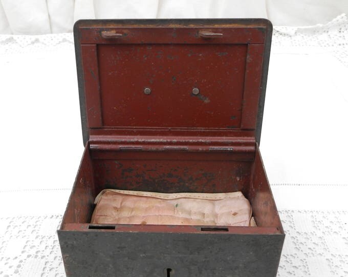 Antique Heavy Metal Cash Box / Coffer with Working Lock and Key, French Money Safe, Jewelry / Trinket Chest Casket Box