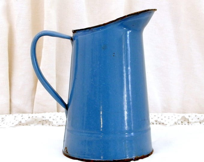 Antique French Bright Blue Enamel Pitcher, Chippy Cottage Kitchen Enamelware Jug, French Country Chateau Shabby Chic, Retro Vintage Decor