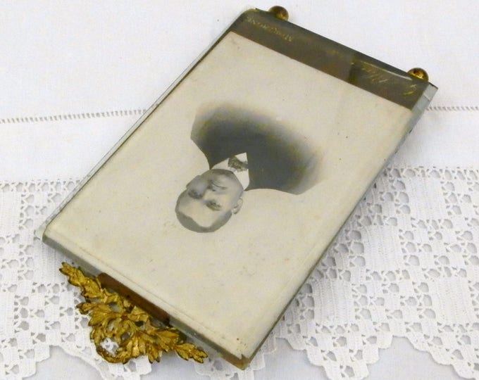 Antique French Beveled Glass Picture Frame Embossed Metal Ribbon Surround with Original Photograph, Napoleon 3 Thick Glass Portrait Frame Antique French Beveled Glass Picture Frame Embossed Metal Ribbon Surround with Original Photograph, Napoleon 3 Thick Glass Portrait Frame