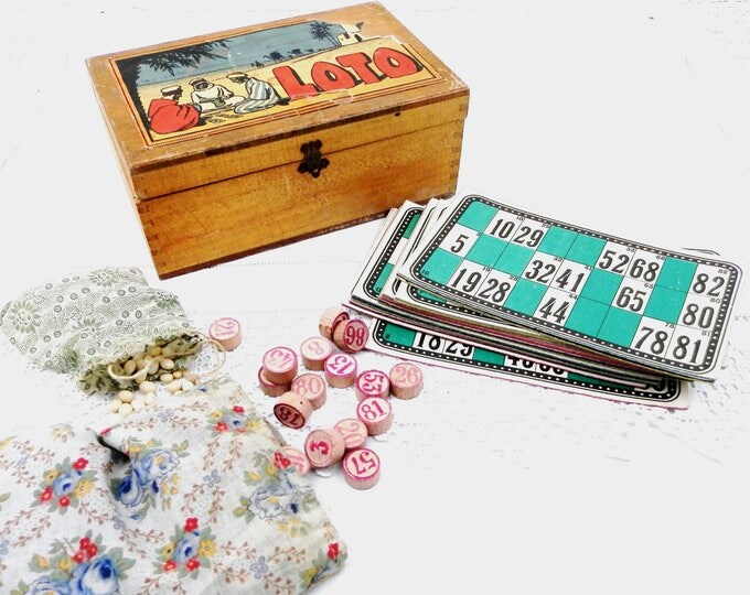 Vintage French Boxed Loto / Bingo Game Illustrated with Scene from North Africa With Cards and Tiles, Lottery Set from France, Dovetail Box Vintage French Boxed Loto / Bingo Game Illustrated with Scene from North Africa With Cards and Tiles, Lottery Set from France, Dovetail Box