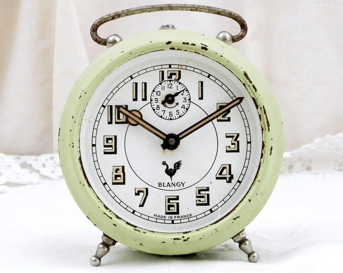 Vintage Working French Shabby Chippy Art Deco Mint Green Blangy Mechanical Wind Up Alarm Clock, Brocante Bedside Timepiece from France