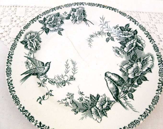 Antique French Ironware Plate With Bird / Bluetit and Rose Flower Transfer Pattern in Teal Blue, St Amand Faience, Pottery from France Antique French Ironware Plate With Bird / Bluetit and Rose Flower Transfer Pattern in Teal Blue, St Amand Faience, Pottery from France