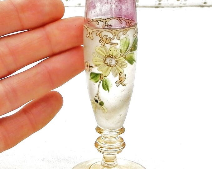 Small Antique Hand Painted Boheme Glass Posy Vase, Tiny French Art Nouveau Flower Bouquet Stem Foot Glass Vase with Painte Floral Pattern