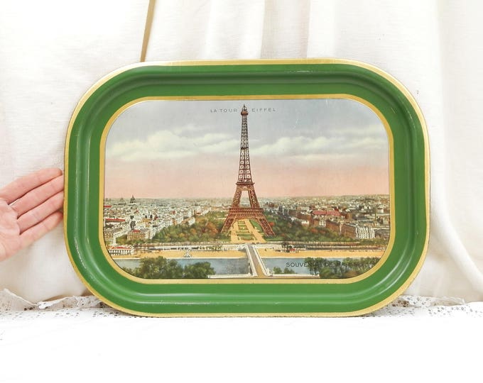 Vintage 1930s Metal Serving Tray Souvenir of Paris with Eiffel Tower View of the River Seine and the City Green and Gold Edge