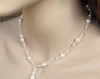 Bridal Necklace, White or Ivory Pearl and Crystal Bride Necklace, Sterling Silver, Bridal Pearls, Bride, Wedding Jewelry, Sterling Silver