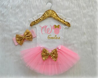 Baby Girl Disney Minnie Mouse, Pink and Gold with Custom Name, Second Birthday Tutu Headband Set, Short and Long Sleeve Bodysuit Tshirt 341