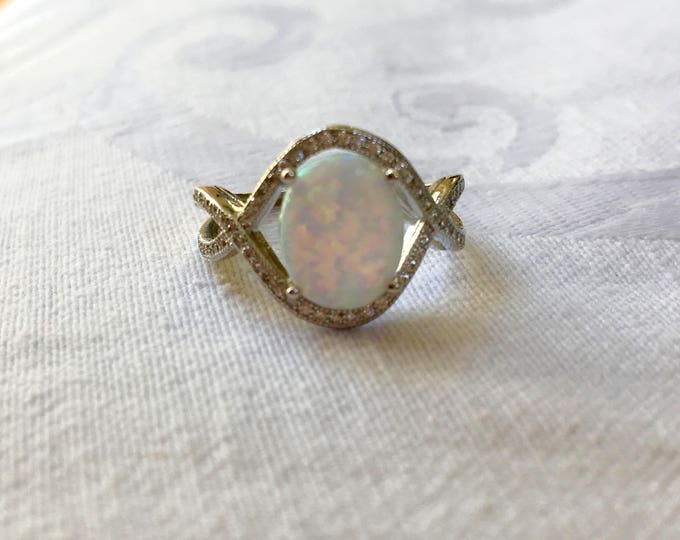Sterling Silver Opal Ring, Openwork Crystal Frame, Beautiful Fire, Size 6, Opal Jewelry