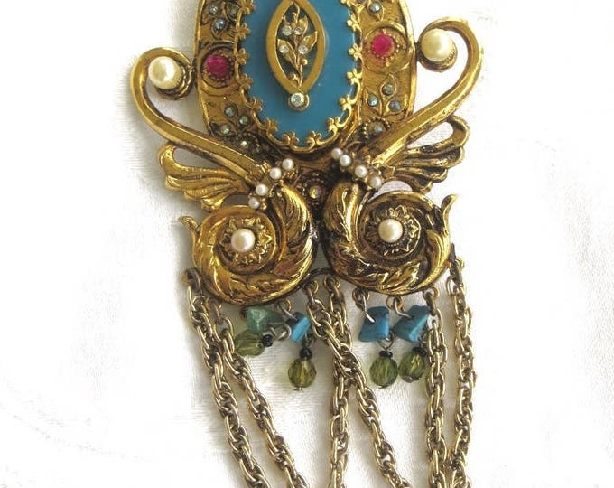 Vintage Heraldic Brooch, Jeweled Dangle Chain Pin, Large and Dramatic, 6" Brooch, Vintage Jewelry