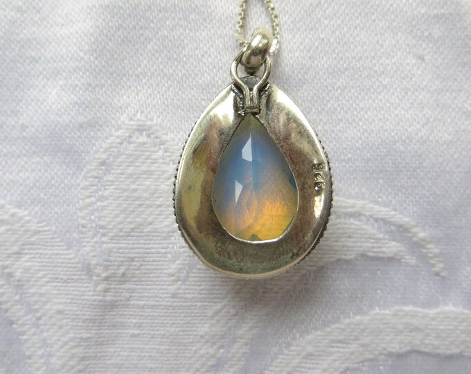 Sterling Opalite Necklace, Teardrop Shape, Stunning 6 CT Faceted Stone, Sterling 20" Chain