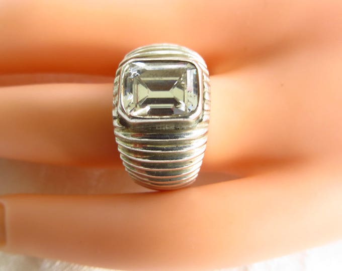 Sterling Crystal Ring, Modernist Sterling Silver, Emerald Cut Stone, Vintage Jewelry, Size 7.5
