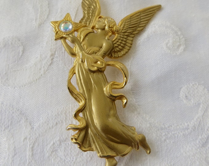 Vintage Fairy Brooch, Signed JJ Angel Pin, Fairy Godmother Angel Jewelry