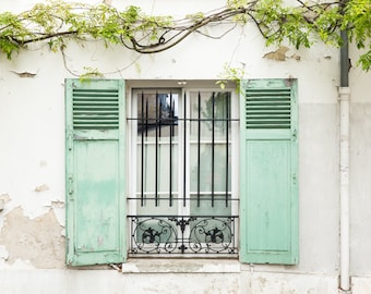 Paris Photography Print - Window with Mint Shutters - Paris Window Wall Art - Photography Print