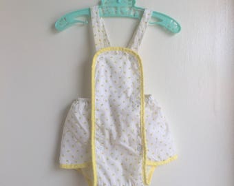 VTG Baby Girl Romper Overalls Yellow RoseBud Sz 0-6M Plastic Pants