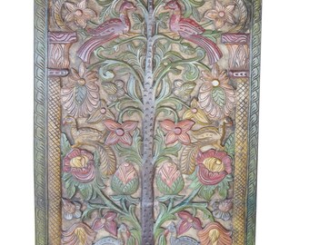 Indian Carved Door Panel KALPAVRIKSHA- TREE OF Dreams- Wish Fulfilling Tree- Hand Carving Colorful Garden Floral Bohemian Decor