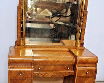 Stunning Vintage Art Deco Vanity with original mirror waterfall satin wood Insured safe Nation Wide Shipping Available