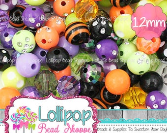 Halloween Bead Mix, 12mm Beads, Purple Lime Orange & Black Beads, 100, Wholesale Mini Chunky Beads, Chunky Bulk Beads, Bulk Mix, MBM15