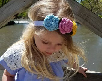 Crochet 3-Flower or Rosette Headband, Flower Crown, Baby Headband, Flower Headband, Ready-to-Ship