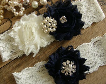 Something Blue / Wedding Garters / Wedding Garter Belt / Ivory / Navy Blue / Bridal Garter / Toss Garter / Vintage Inspired / Garter Set