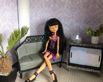 Upcycled Barbie Doll Furniture - Grey Sofa / Couch - Suitable for Display or Diorama