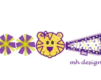 Tiger cheerleader embroidery design 5x7, Applique Design, Megaphone applique, Vintage stitch embroidery, Cheer embroidery file, Pom poms