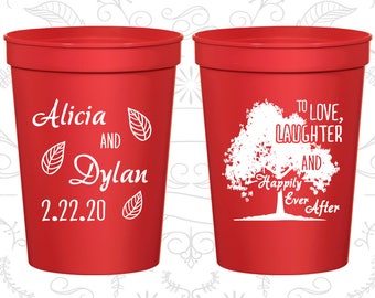 Love Laughter Wedding Cups, Wedding Beer Cups, Fall Wedding, Rustic Wedding Cups, Tree, Family Tree, Wedding Cups (268)