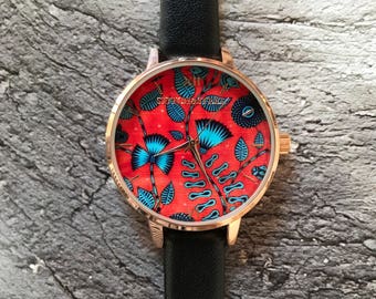 Leaves of the forest Turquoise and Red African Print Women's Watch