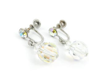 Vintage Glass Dangle Earrings, Aurora Borealis