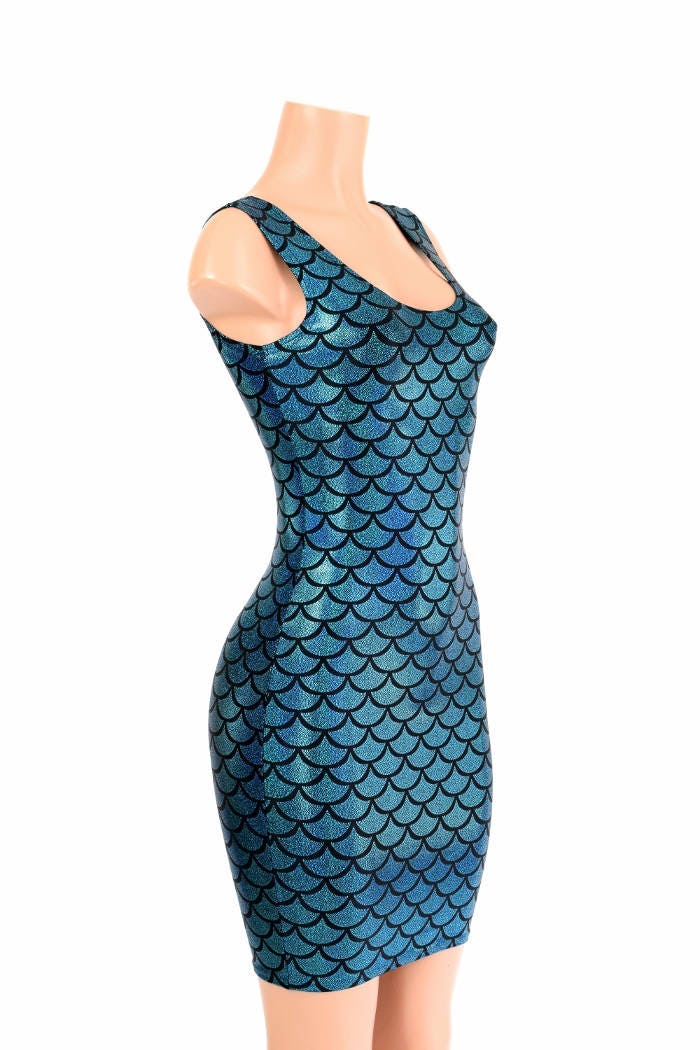 Turquoise Mermaid Scale Bodycon Clubwear Dress with Tank Style