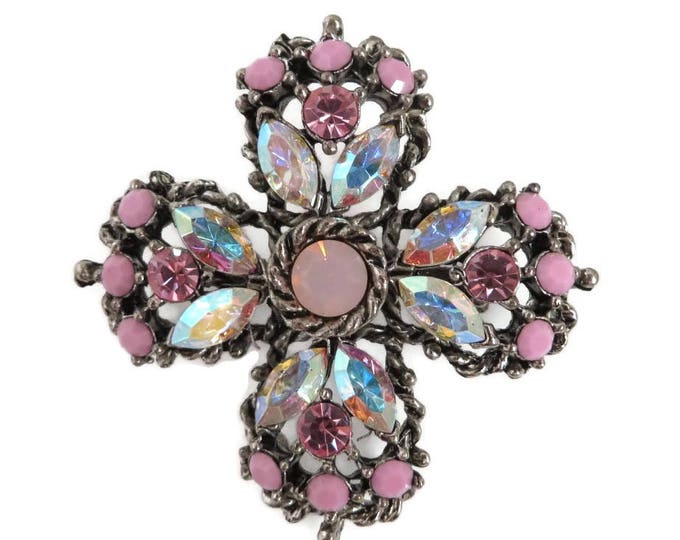 Weiss Pink Rhinestone Brooch, Fuschia Pink & AB Rhinestone Maltese Cross, Signed Weiss Jewelry