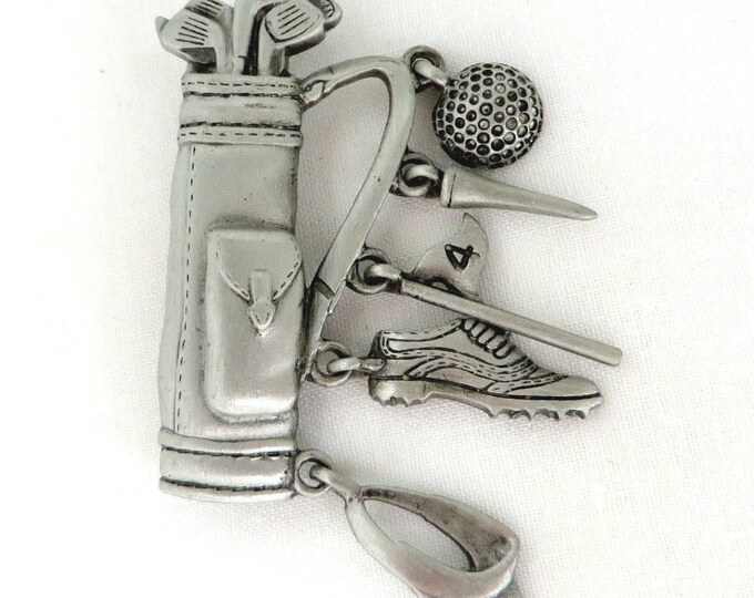 Golf Bag Brooch, Pewter Pin, Vintage Signed J Jonette Pin, Dangling Golf Accessories, Golfer Gift