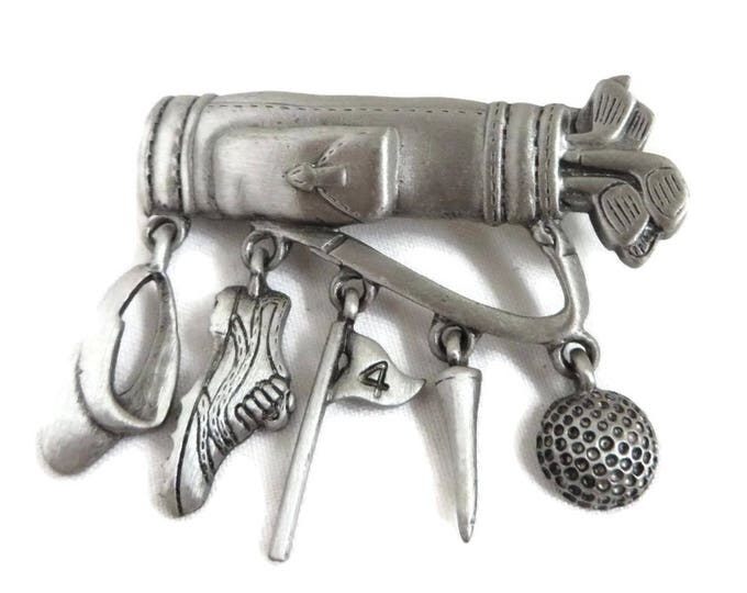 Golf Bag Brooch, Pewter Pin, Vintage Signed J Jonette Pin, Dangling Golf Accessories, Golfer Gift