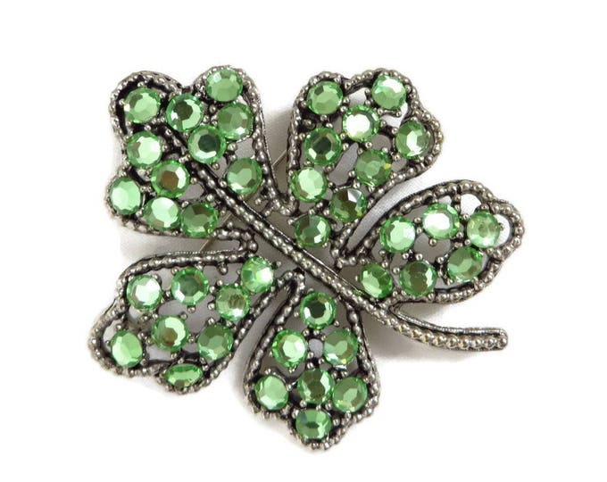 Rhinestone Shamrock Brooch - Vintage Weiss Emerald Green Rhinestone Silver Tone Brooch, Gift idea, Gift Box