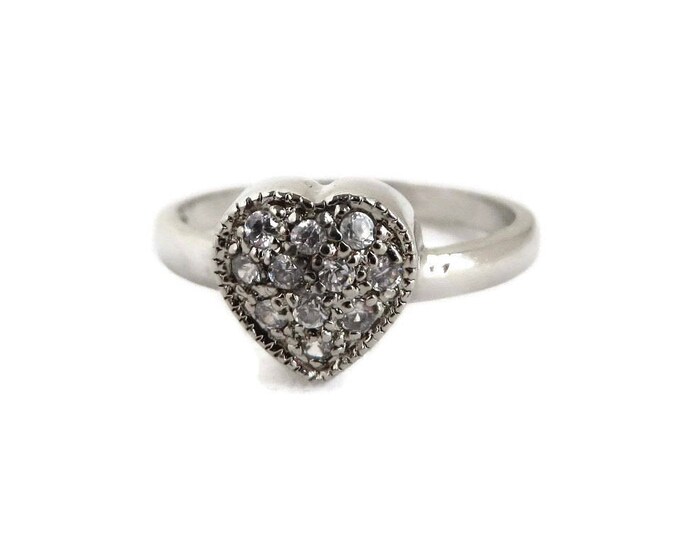 Sterling Silver - CZ Heart Ring, Vintage Sterling Silver Ring, Sweetheart Ring, Size 7