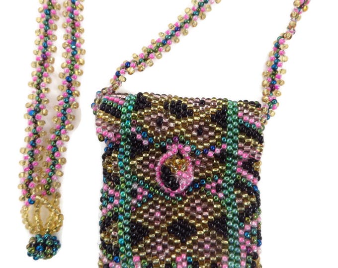 Beaded Mini Purse Necklace, Vintage Geometric Design Tiny Purse, Mini Handbag Pendant