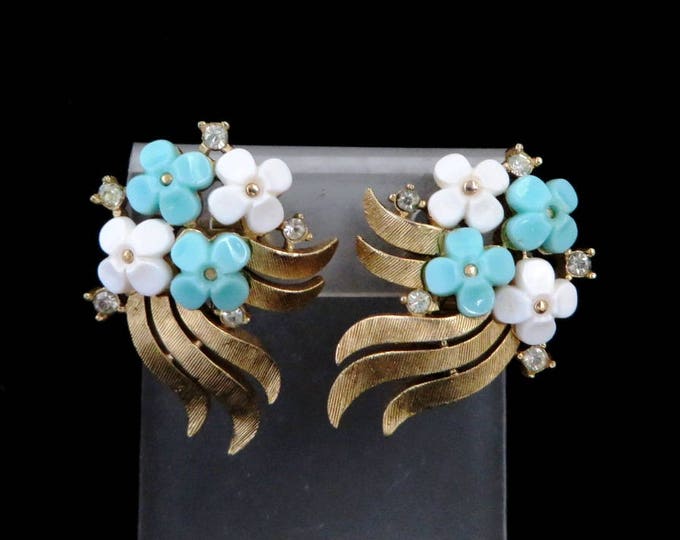 Crown Trifari Lucite Flower Earrings, Vintage Rhinestone, Gold Tone Signed Designer Clip-on Earrings, FREE SHIPPING