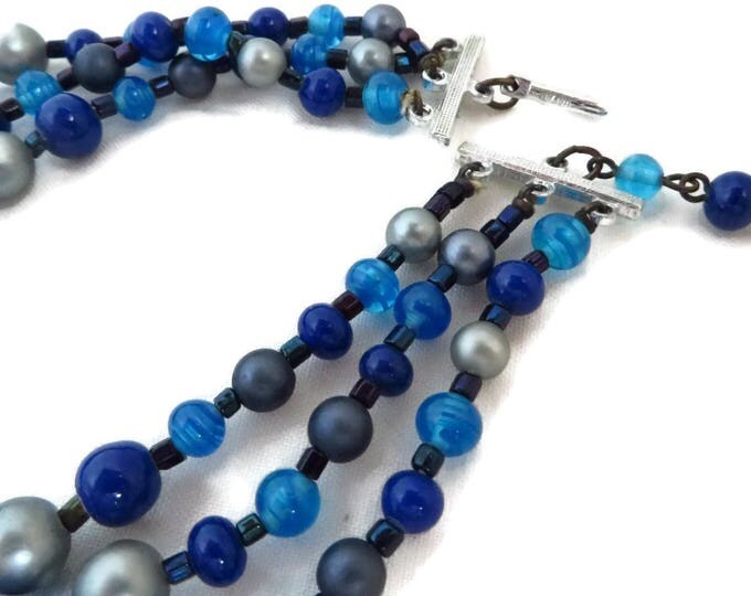Vintage Japan Blue Bead Necklace, Multi Strand Beaded Choker, Mid-Century Costume Jewelry