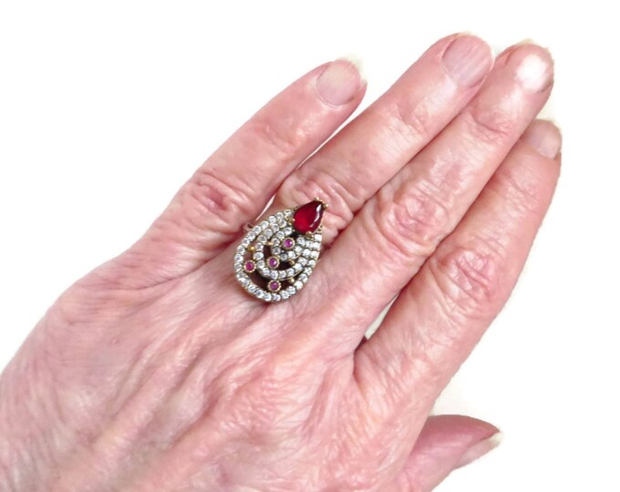 Vintage Faux Ruby Ring, Sterling Silver CZ Cocktail Ring, Size 8.25