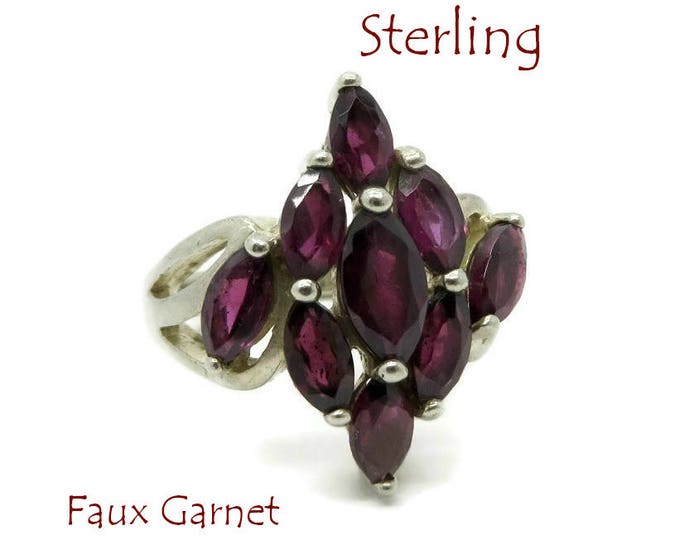 Sterling 925 Faux Garnet Ring - Vintage Multi Stone Statement Ring, Size 5