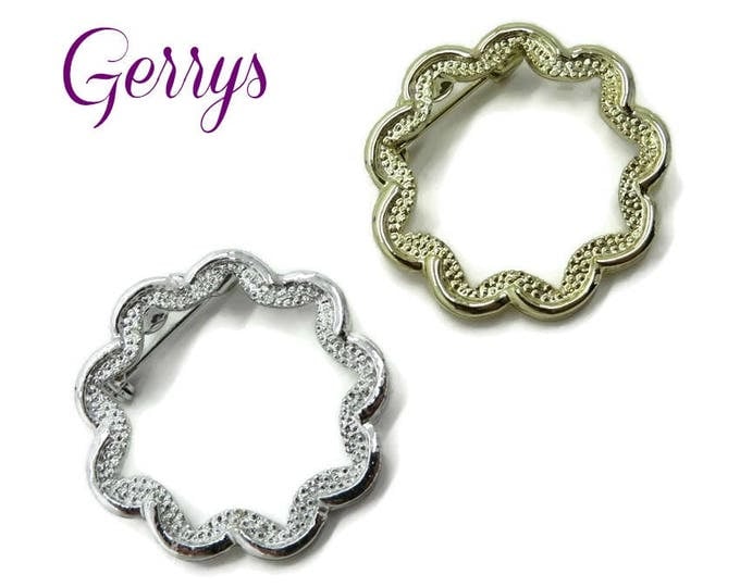 Vintage Gerry's Circle Pins, Wavy Gold Tone and Silver Tone Brooch Pair