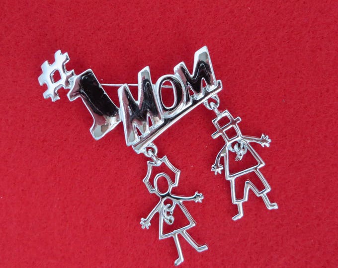 Vintage Mom Brooch - Signed AJC #1 Mom Silver Tone Pin, Dangling Kids Pin, Gift for Her, Gift Boxed