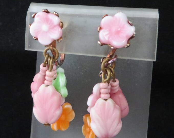 Pink Flower Dangling Earrings - Vintage Lucite Floral Clip-on Earrings