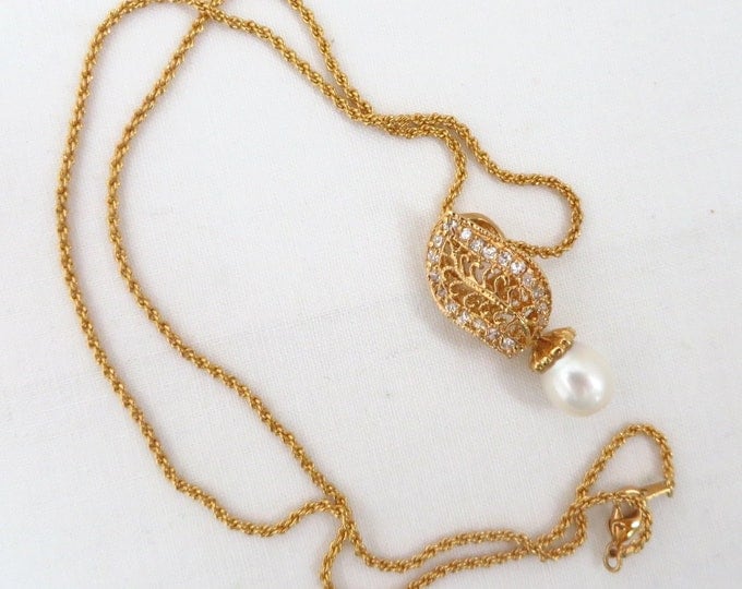 14K GE Faux Pearl Pendant Necklace, Ling Rhinestone Gold Tone Pendant Necklace, Gift for Her